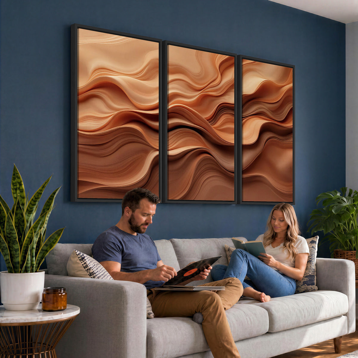 82230697-MGV-CV-36X24 - Modern Abstract Fluid Waves Canvas Wall Art - Minimalist Warm Terracotta Beige Sand Print