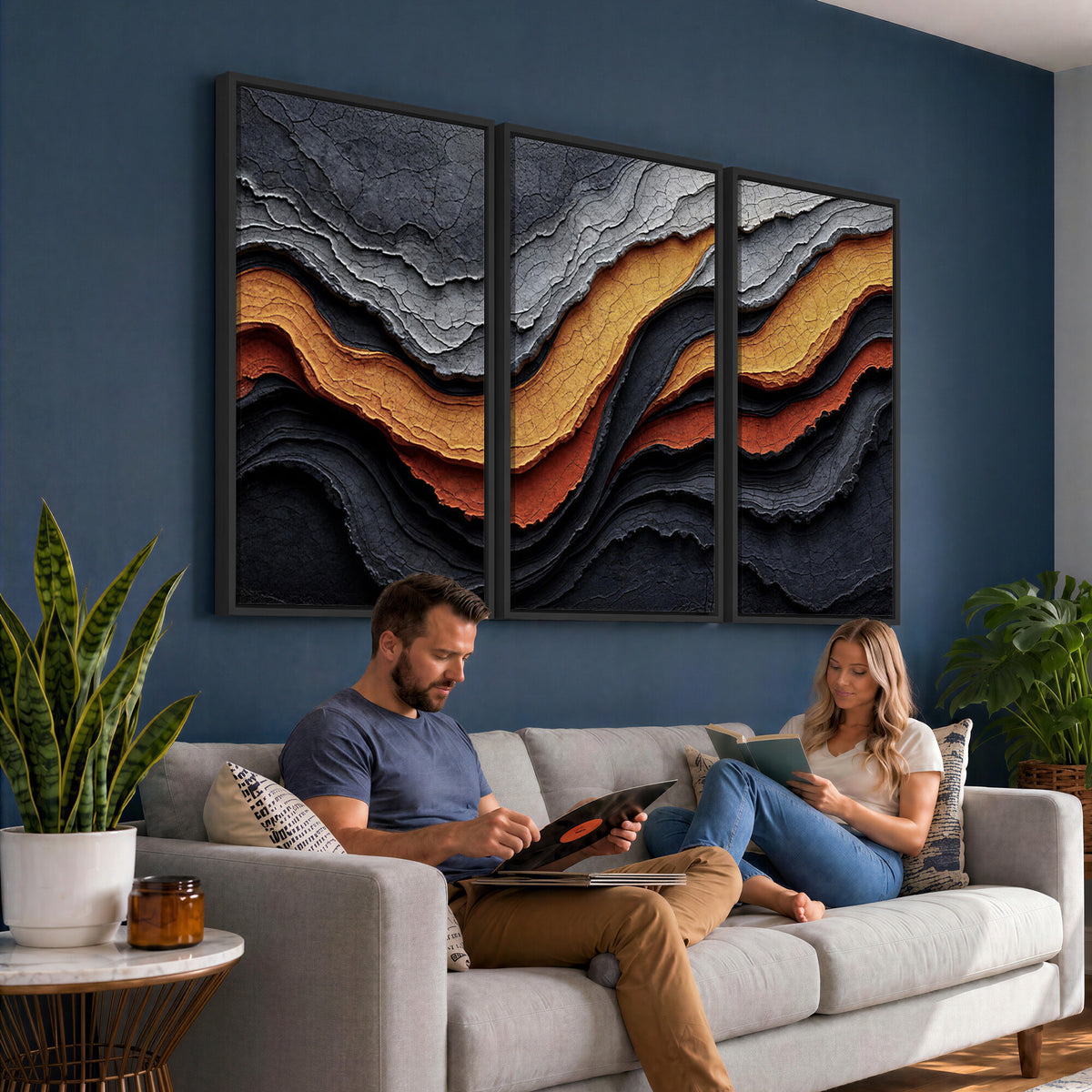 59852489-MGV-CV-36X24 - Abstract Waves Canvas Wall Art - Modern Terracotta and Charcoal Gray Print