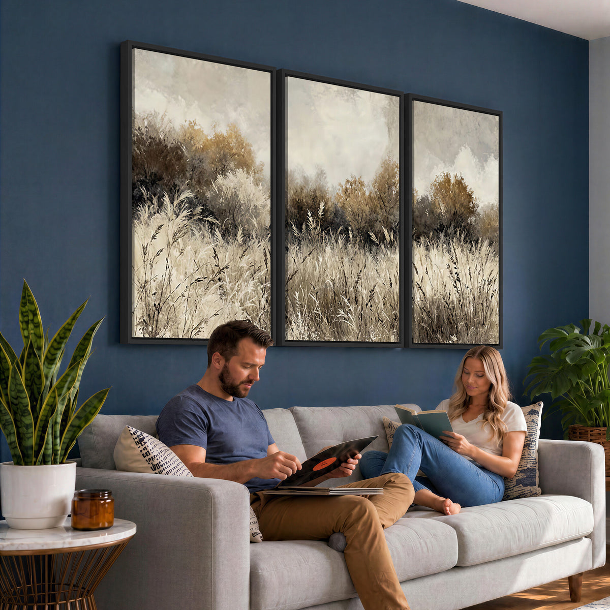 53959945-MGV-TP-30X20 - Muted Neutral Forest Landscape Canvas Wall Art - Vintage Rustic Wildflower Meadow Print