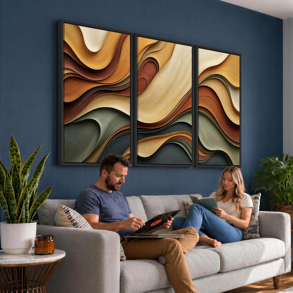 19337902-_Poster-30x20 - Modern Abstract Waves Canvas Wall Art - Minimalist Earthy Tone Living Room Decor