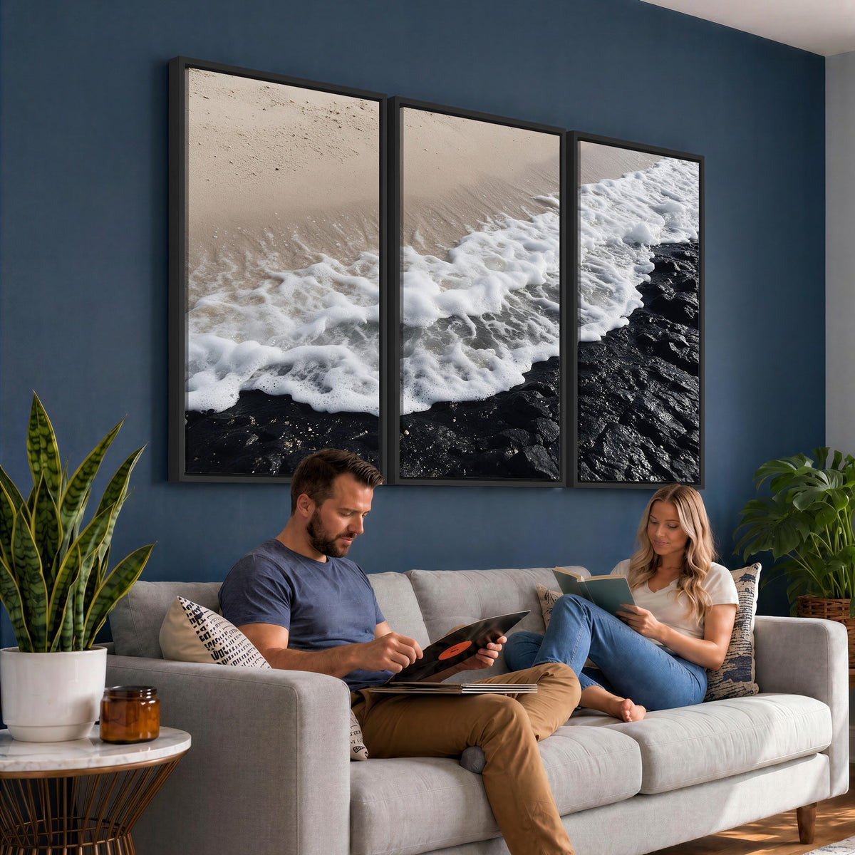 27448606-MGV-CV-24X16 - Ocean Wave Foam on Black Lava Rock Beach Canvas Wall Art Print