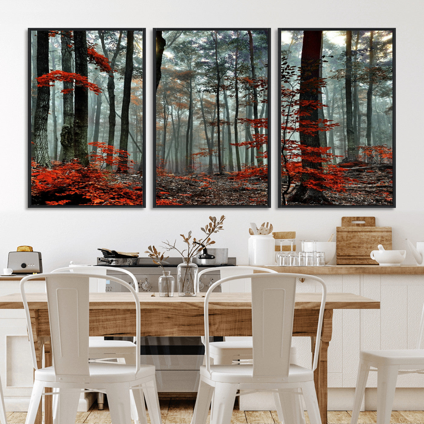 59209-MGV-FC-60X30-3P_Black-Autumn Forest Canvas Wall Art – Enchanting Red Leaves Triptych Print – Nature-Inspired Decor for Living Room or Office – Ready to Hang