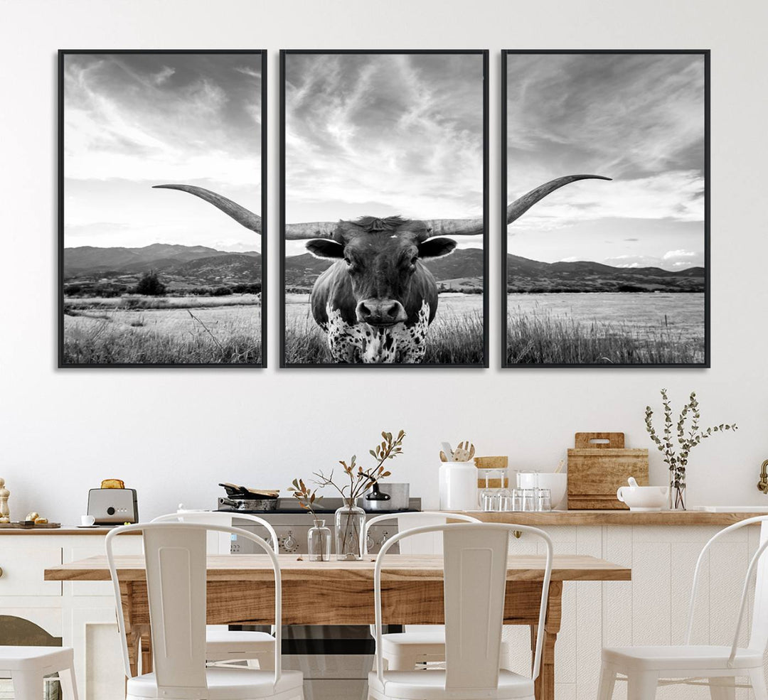 Modern living room featuring Longhorn Cow Wall Art Canvas Print.