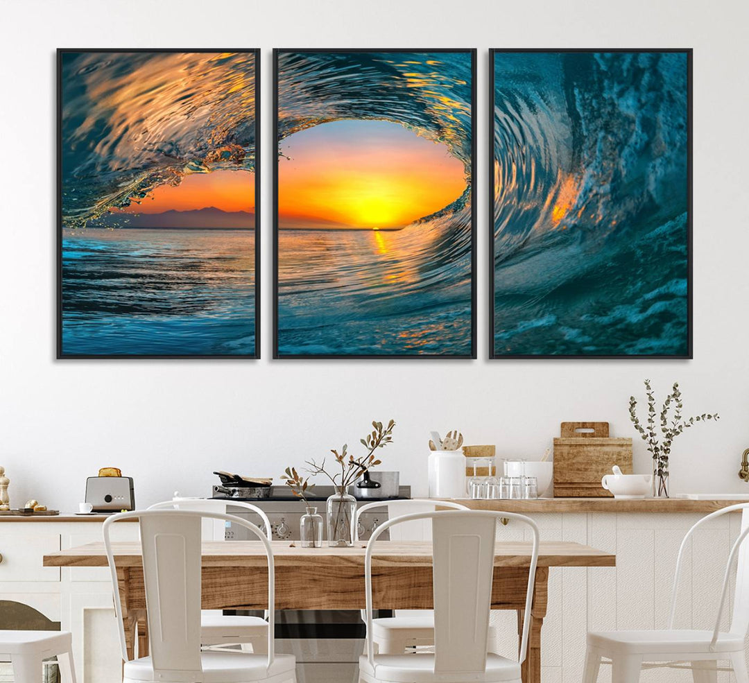 The Ocean Wave Sunset Wall Art canvas print features a vibrant ocean wave at sunset, forming a tunnel with silhouetted mountains.