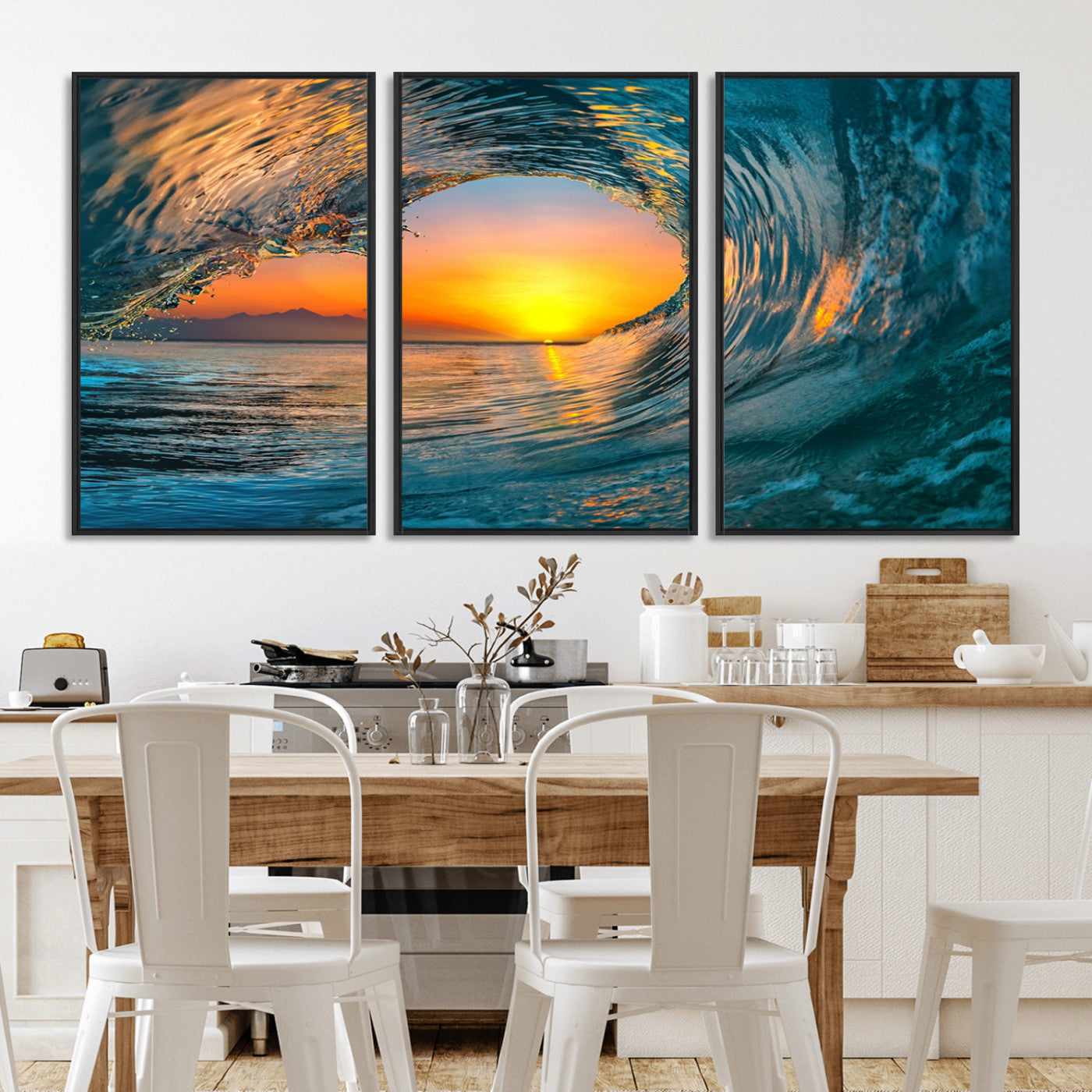MGV-FC-60X30-3P - Ocean Wave Sunset Wall Art | Large Coastal Wave Canvas Print | 3-Panel Ocean Sunset Seascape for