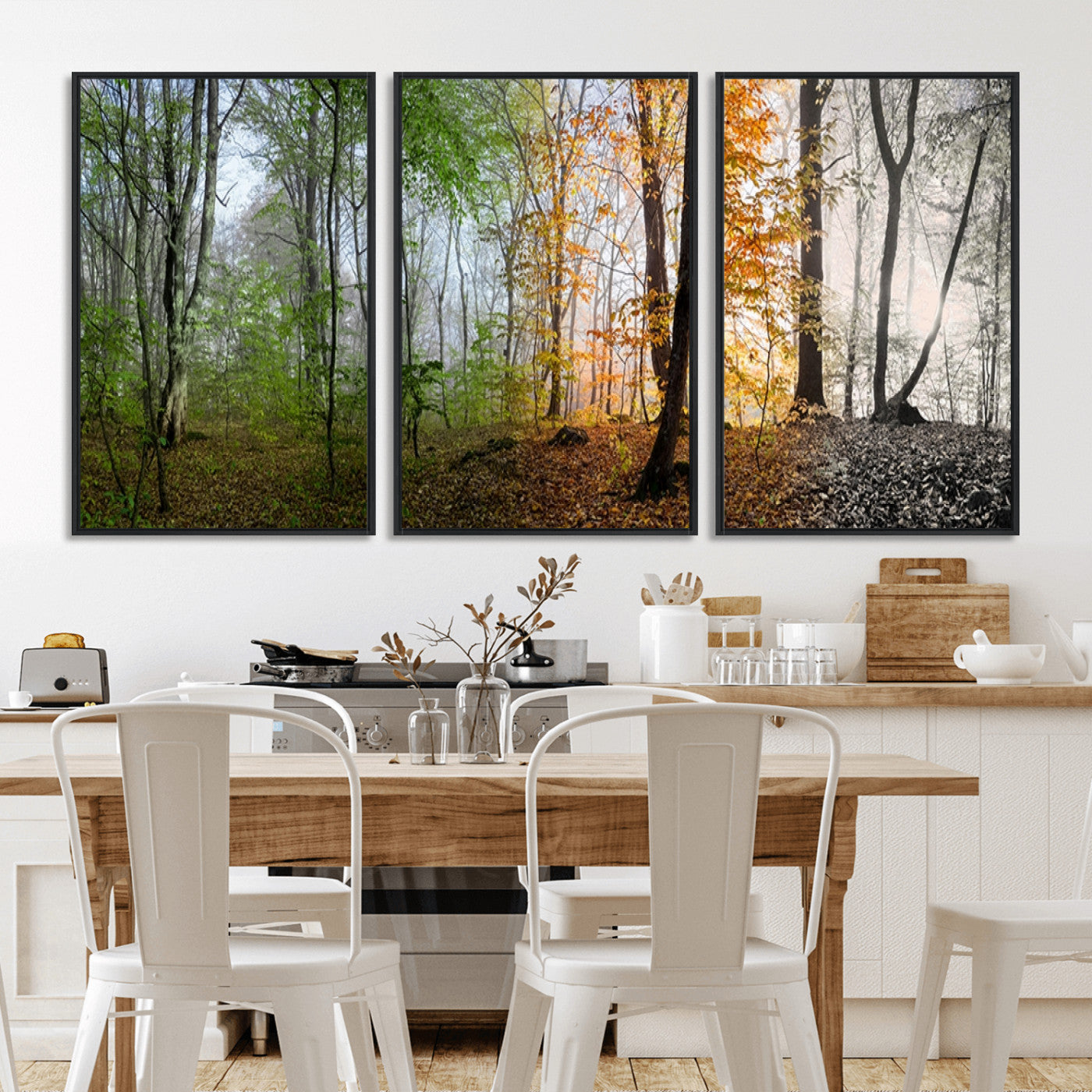 MGV-FC-60X30-3P - Four Seasons Wall Art Forest Canvas Print – Triptych Seasonal Nature Print – Landscape Decor for
