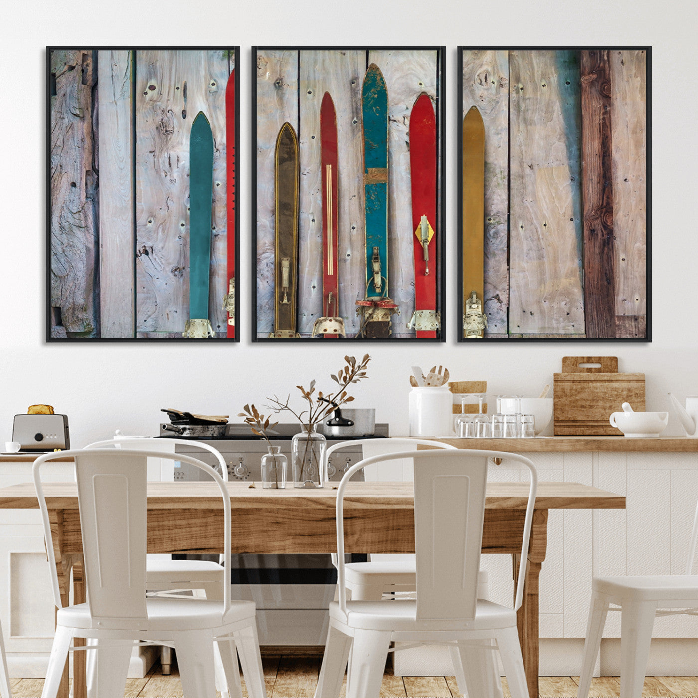 MGV-FC-60X30-3P - Vintage Wooden Weathered Ski's in Front of an Old Barn Wall Art Canvas Print for Farmhouse, Cabin