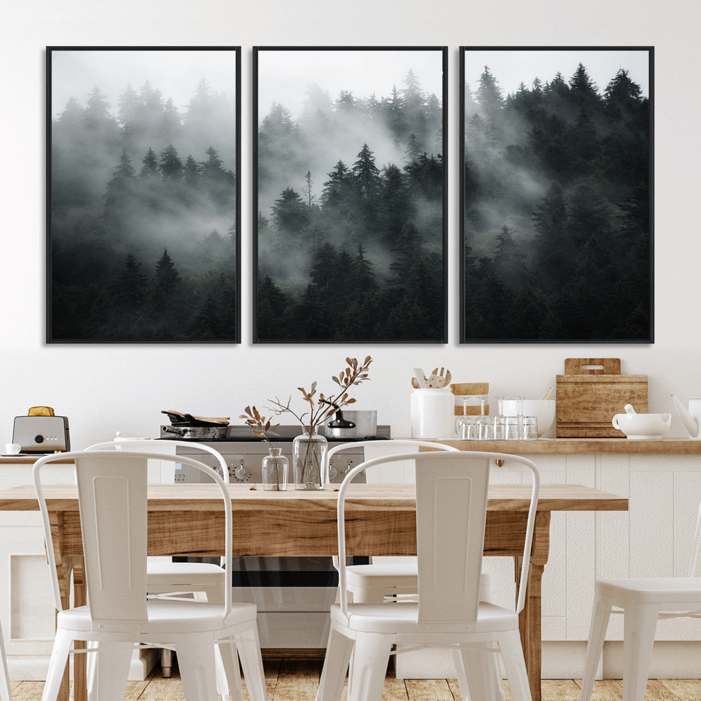 52359-MGV-FC-60X30-3P_Black-Foggy Forest Wall Art Canvas Print | 3 Panel Large Misty Landscape for Dining Room, Office, or Living Room | Ready to Hang Nature Deco