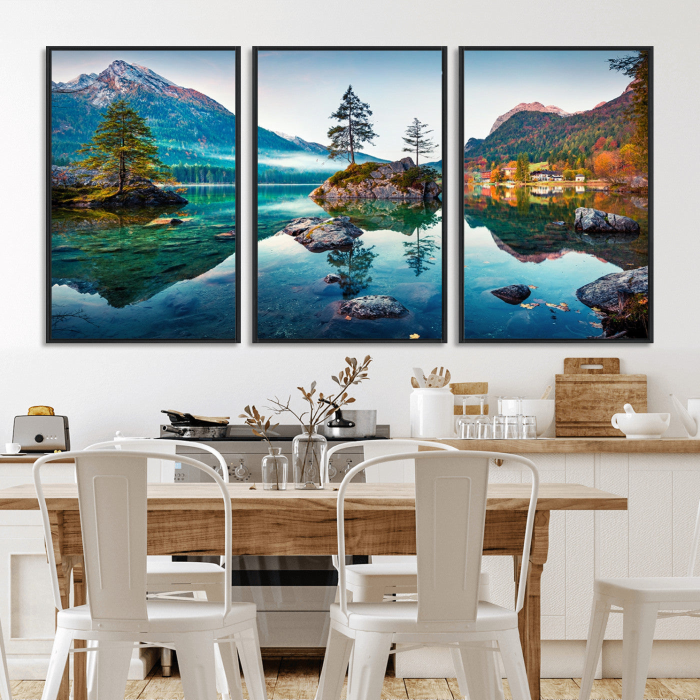 -Crystal Clear Lake Wall Art | Mountains Wall Art Canvas | 3 Panel Large Landscape Print for Dining