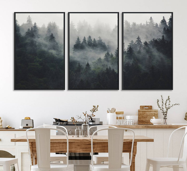 The Serene Triptych Print features tall evergreens, creating a mysterious and calming atmosphere.