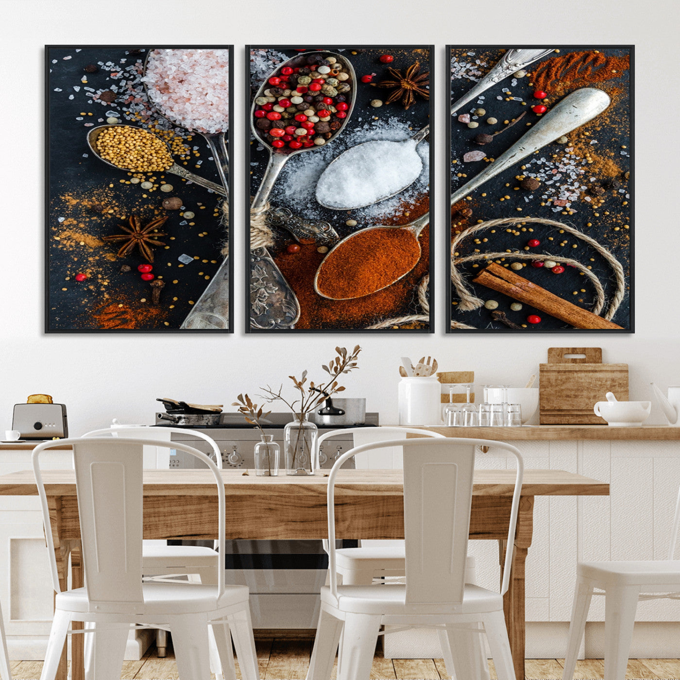 88449-MGV-FC-60X30-3P_Black-Spices and Seasonings Canvas Wall Art – Colorful Triptych Kitchen Decor – Culinary Art for Dining Room – Ready to Hang