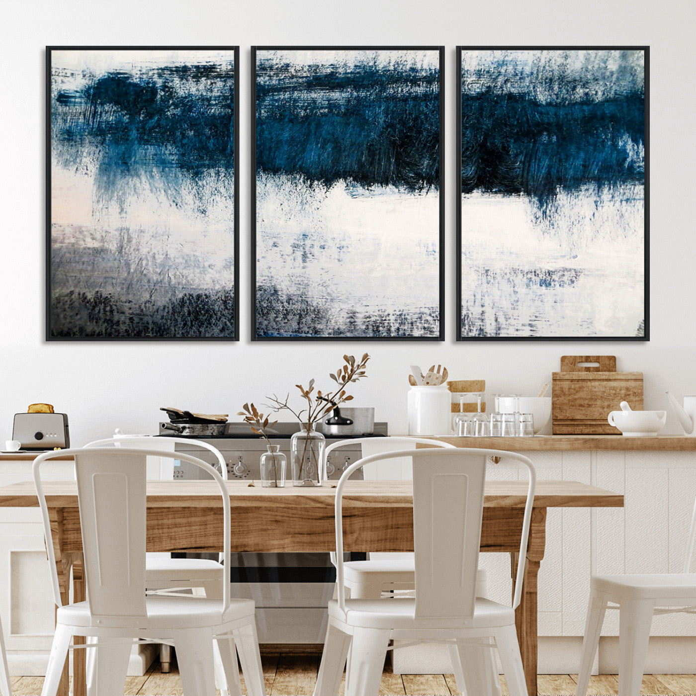 38954-MGV-FC-60X40-3P_Black-Abstract Blue and White Canvas Art | Large Wall Art for Modern Living Room Decor | Minimalist Brushstroke Painting on Canvas