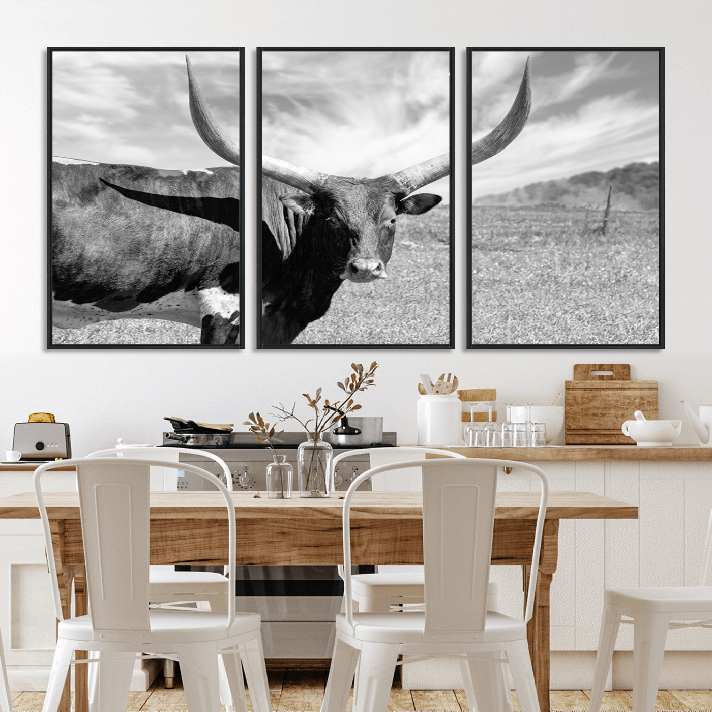 30017-MGV-FC-60X30-3P_Black-Cattle Wall Art Longhorn Cow Canvas Print
