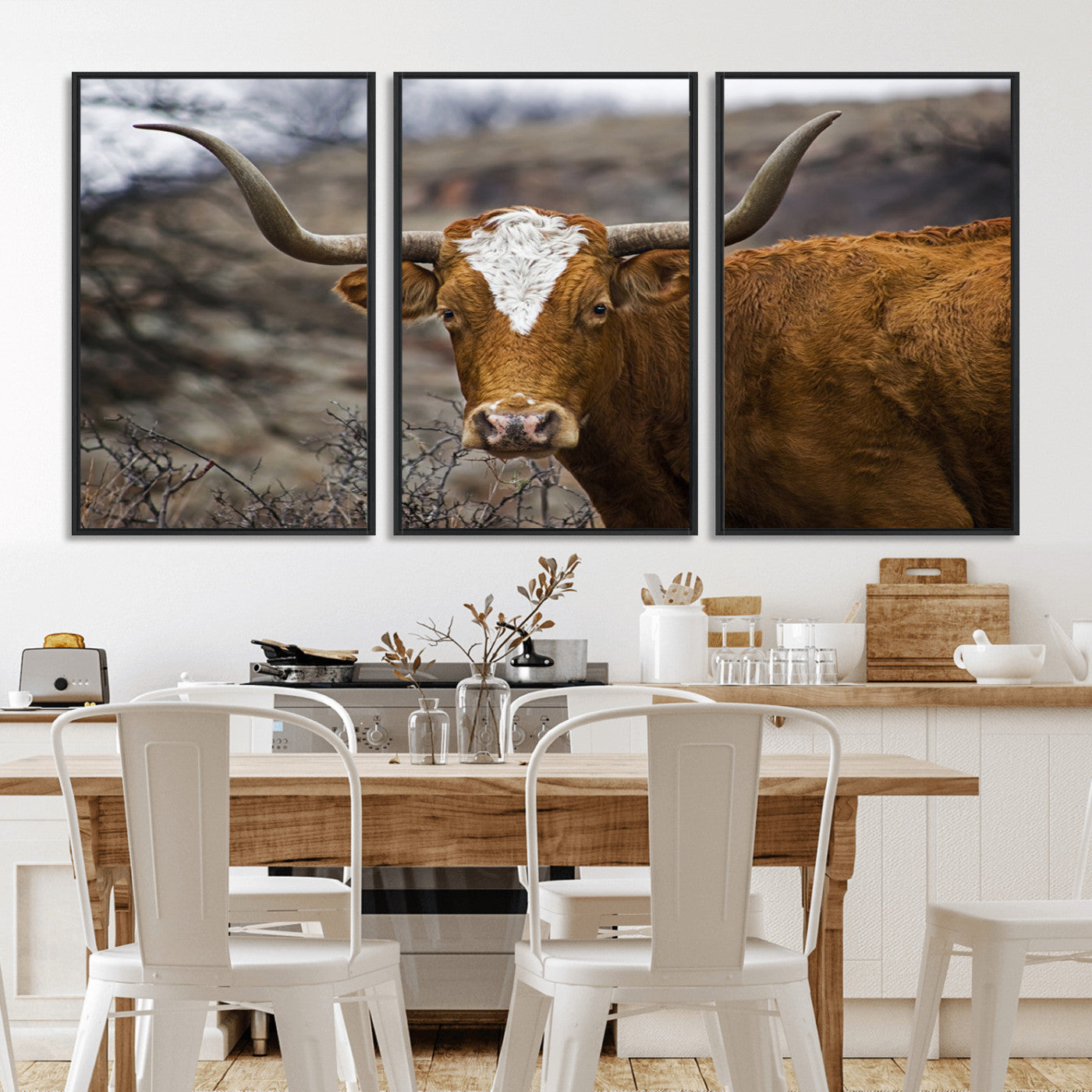 MGV-FC-60X30-3P - Texas Longhorn Canvas Wall Art - Longhorn Steer Canvas Wall Art Print- Rustic Western Animal Print,