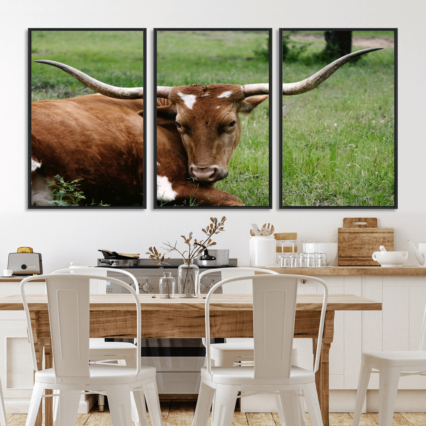 45997-MGV-FC-60X30-3P_Black-Longhorn Steer Canvas Wall Art – Rustic Nature Triptych Decor for Living Room or Office – Ready to Hang