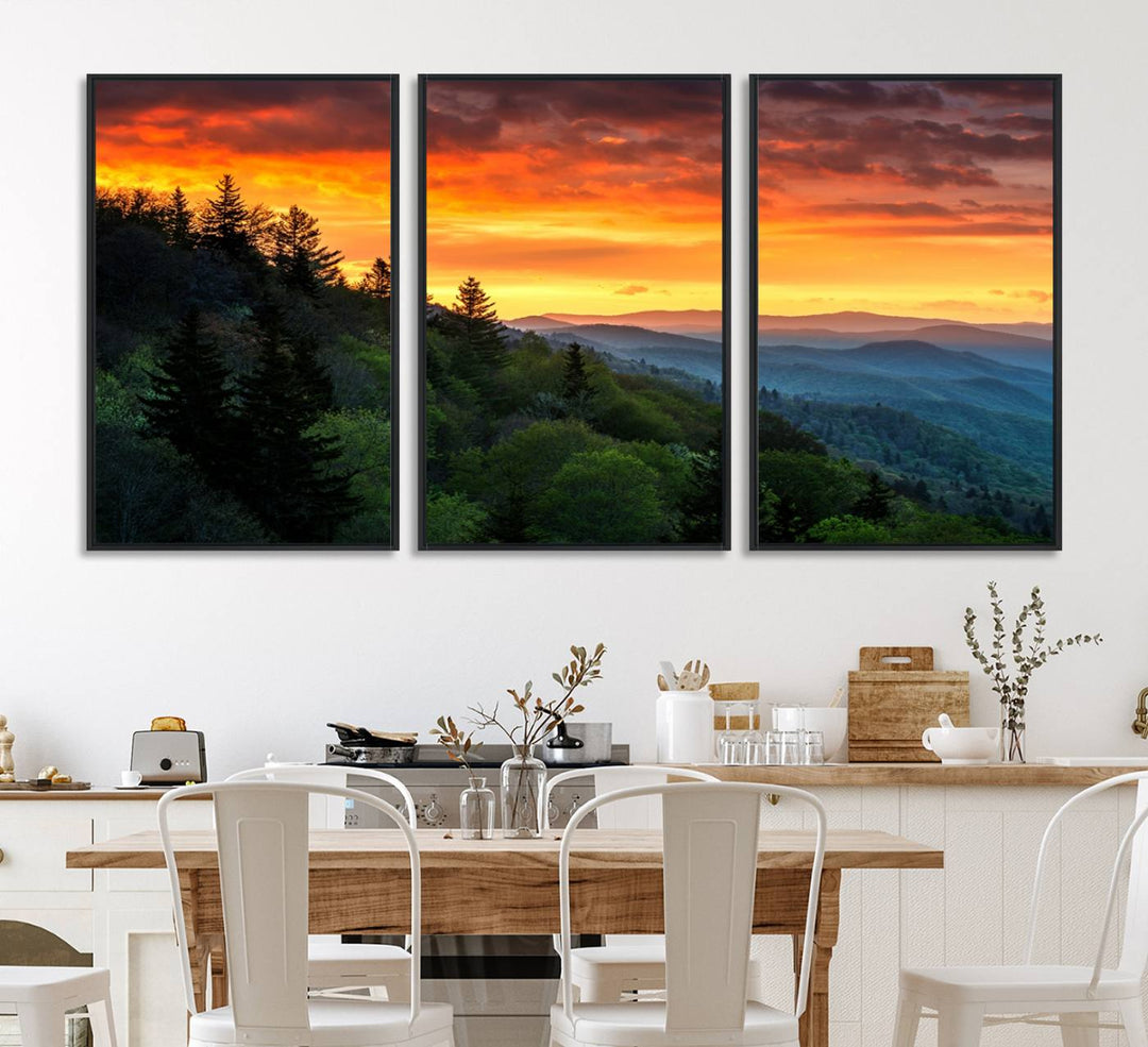 The Great Smoky Mountains Sunset Wall Art, a 3-panel print, beautifully captures natures beauty and is perfect for living room or office decor.