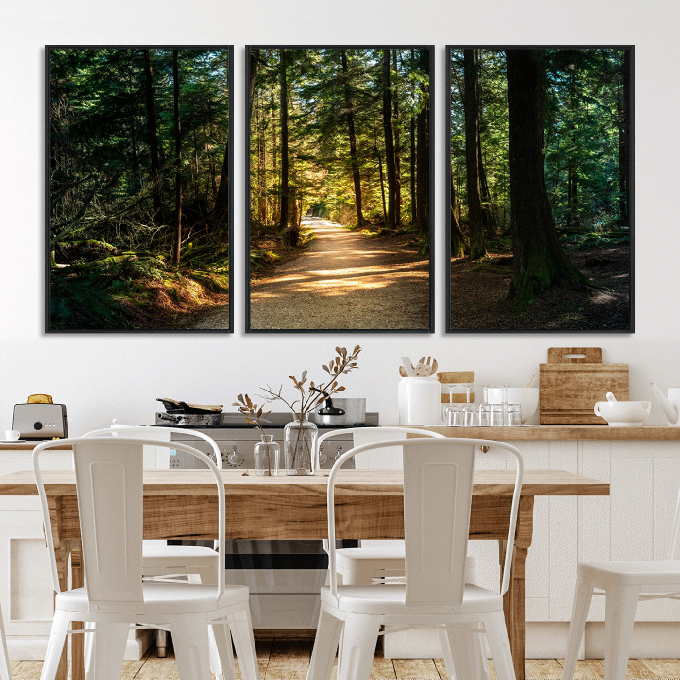 51762-MGV-FC-60X30-3P_Black-Sunlit Forest Pathway Canvas Print | 3 Panel Large Nature Wall Art for Living Room, Office, or Modern Space | Tranquil Scenic Forest, Ready