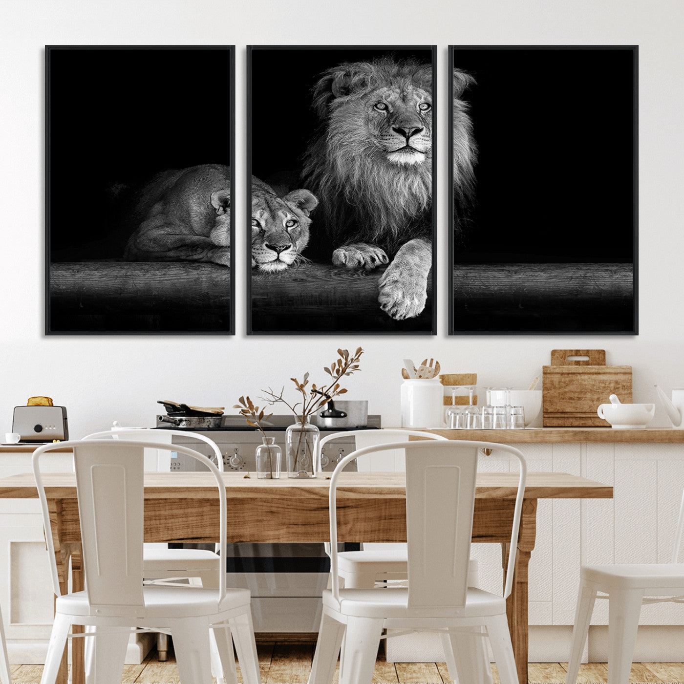MGV-FC-60X30-3P - Large Black and White Lion Couple Wall Art Canvas Print