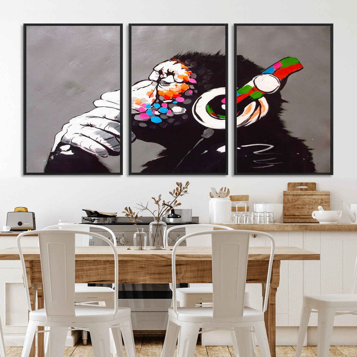 MGV-FC-60X30-3P - Dj Monkey Listening to Music Wall Art Print | Banksy Monkey Large Canvas Print for Living Room,