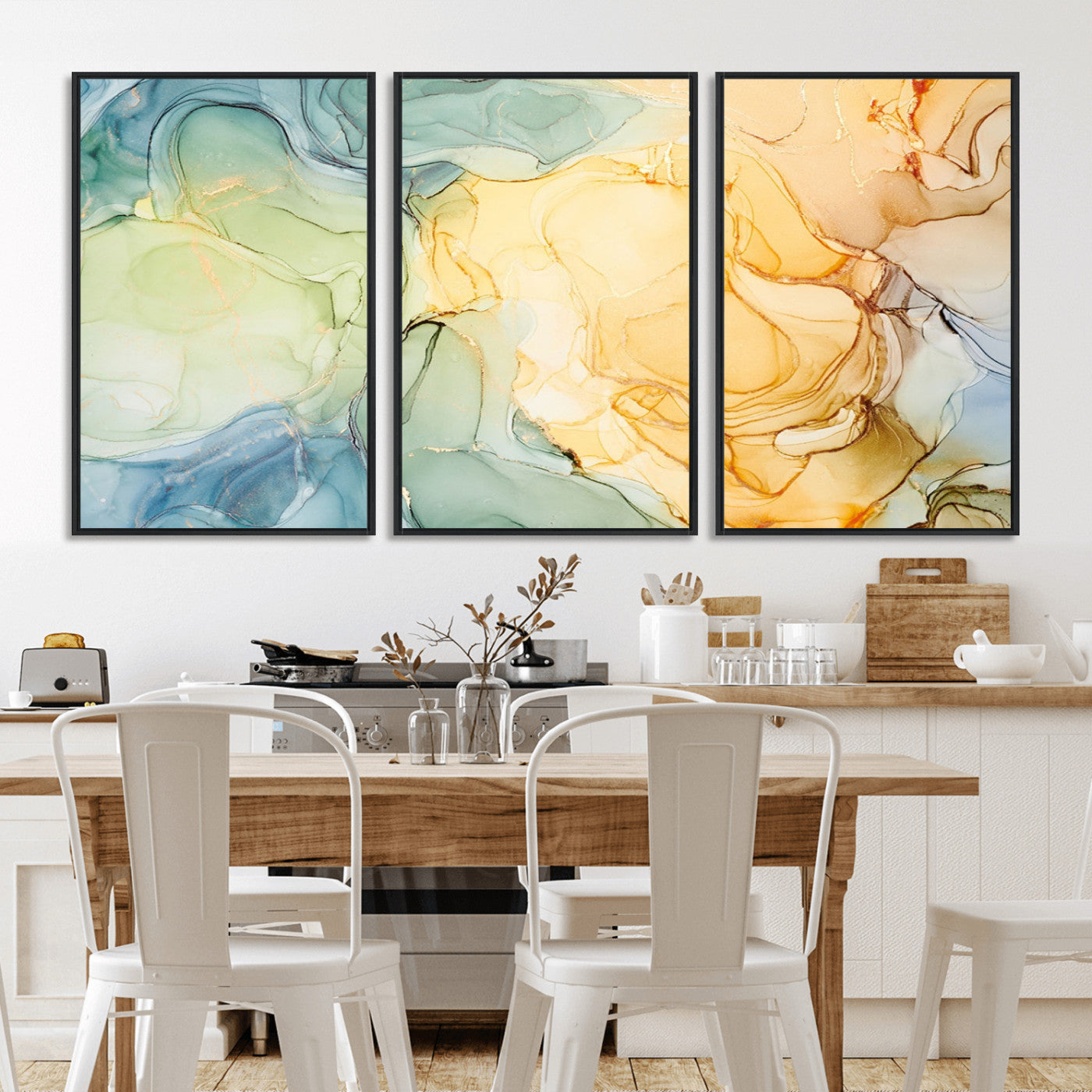 42195-MGV-FC-60X30-3P_Black-Green and Yellow Marble Fluid Effect Wall Art, Green and Yellow Marble Canvas Wall Art Print