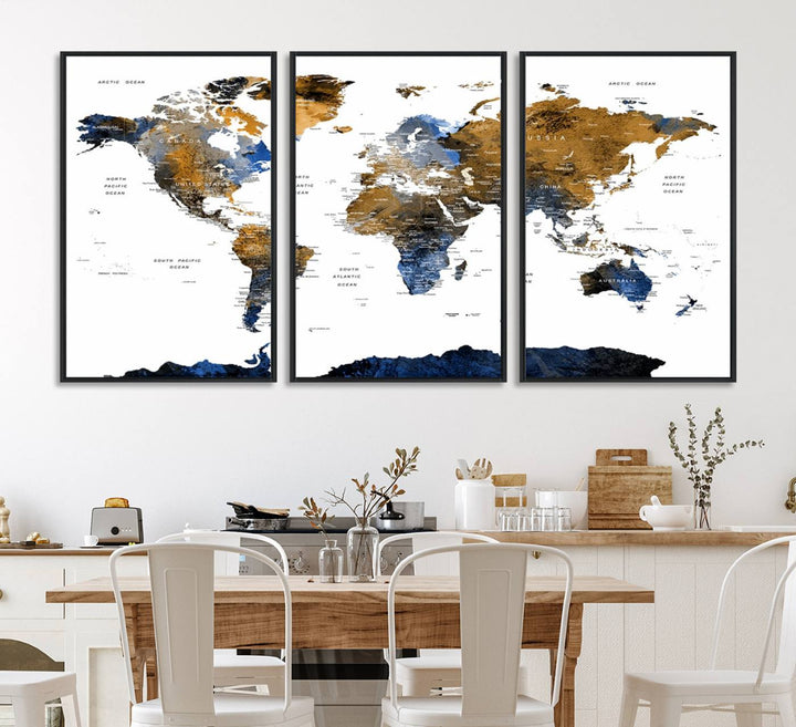 The Triptych Modern World Map Canvas in blue and brown is an ideal global decor piece for enhancing living rooms or offices. It comes ready to hang.