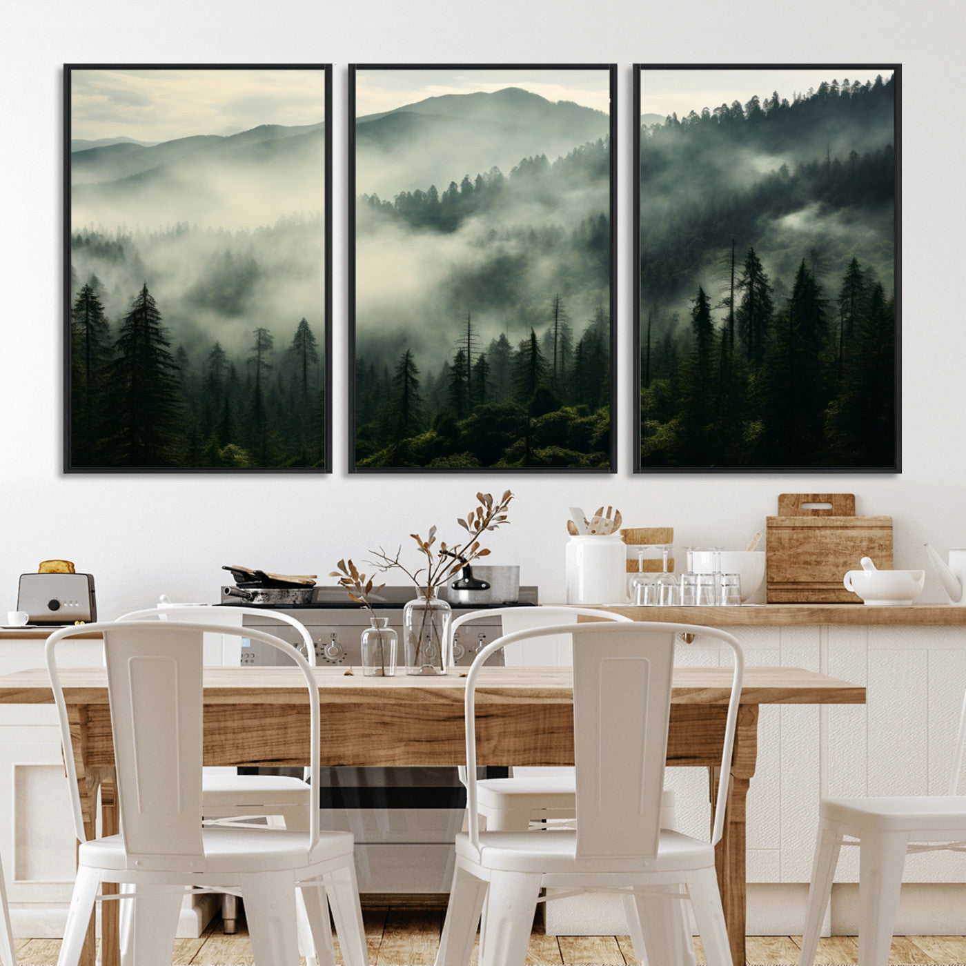 25295-MGV-FC-60X30-3P_Black-Captivating Misty Forest Wall Art Premium Canvas Print a Foggy and Serene Atmosphere