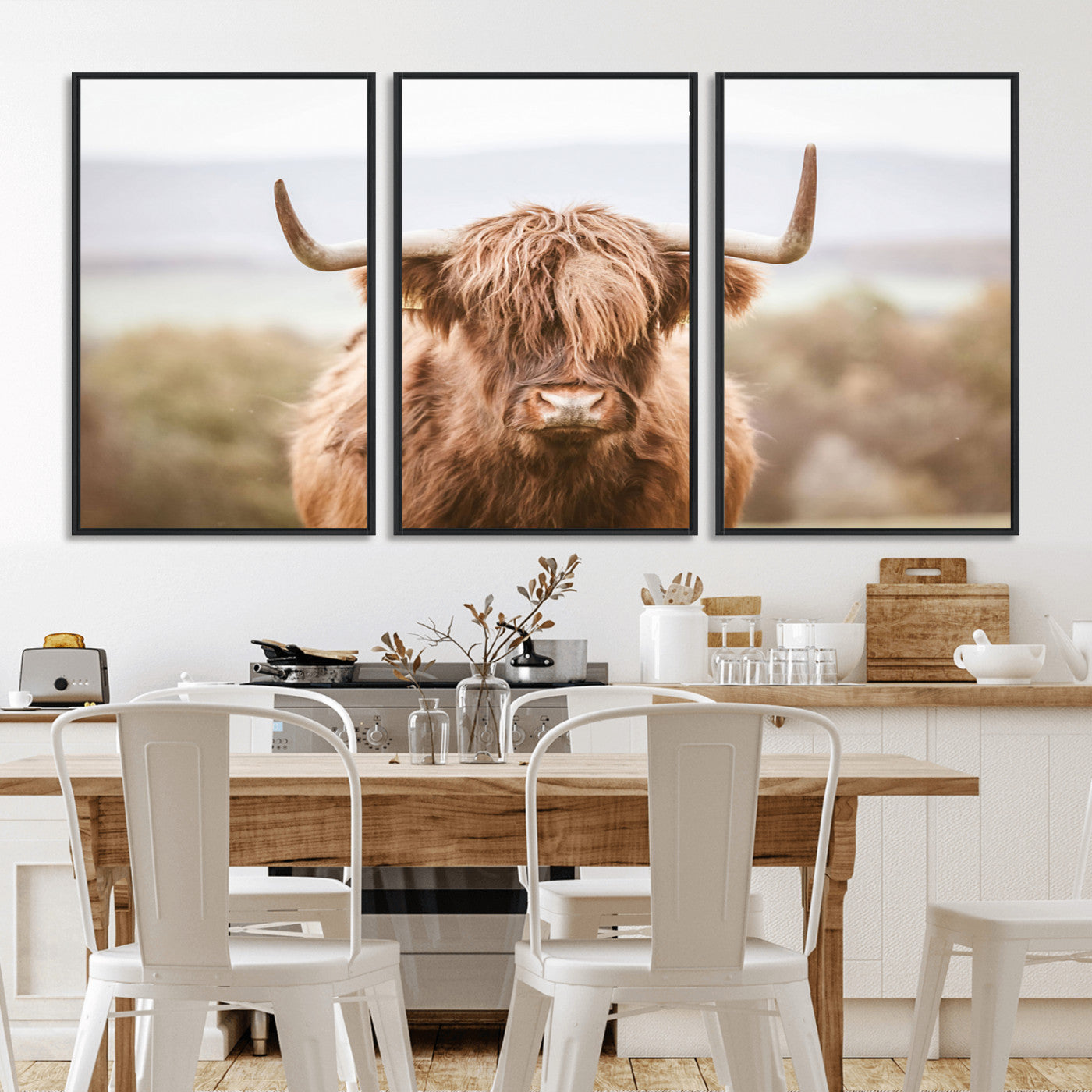 MGV-FC-60X30-3P - Scottish Serene Highland Cow Canvas Wall Art – Serene Highland Cow in Natural Pastel Tones – Ready