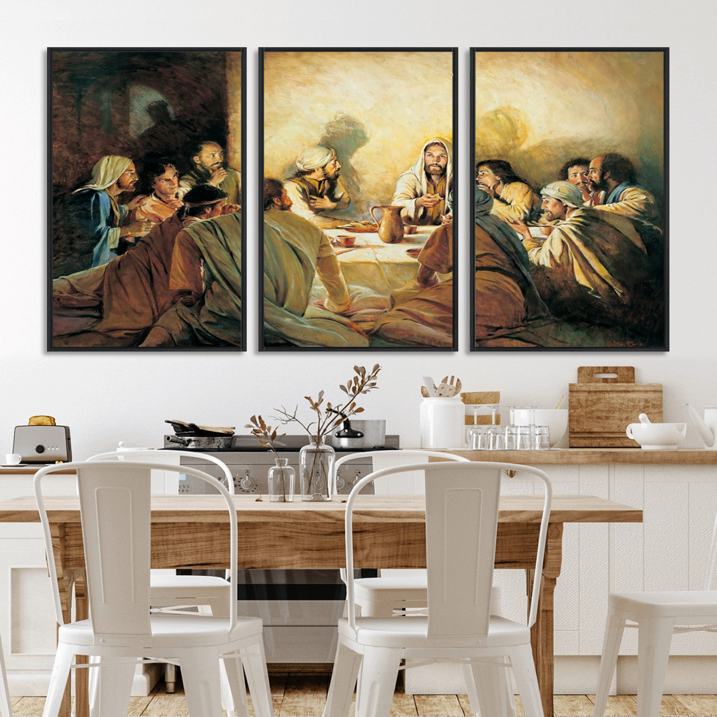Framed canvas print of the Last Supper, depicting Jesus and his disciples, perfect for religious or Christian-themed home decor.