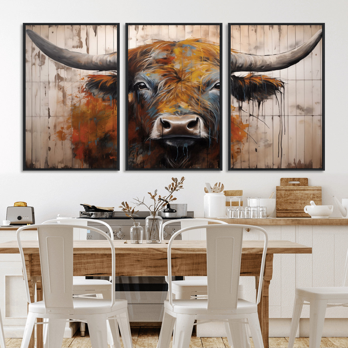 MGV-FC-60X30-3P - Abstract Bull Highland Cow Canvas Wall Art Print – Vibrant Rustic Charm in Modern Farmhouse Decor –