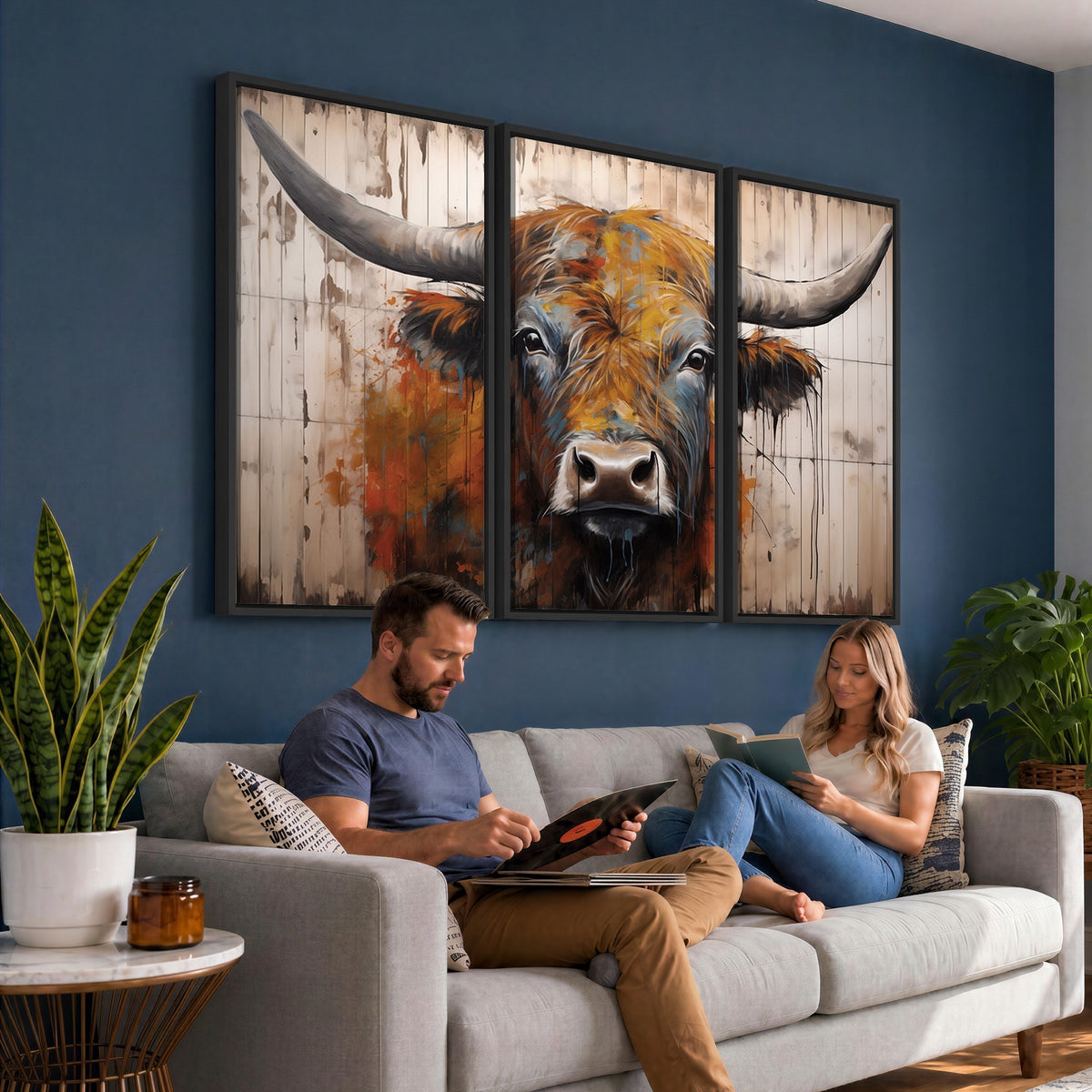 47284-MGV-CV-24X16 - Abstract Bull Highland Cow Canvas Wall Art Print