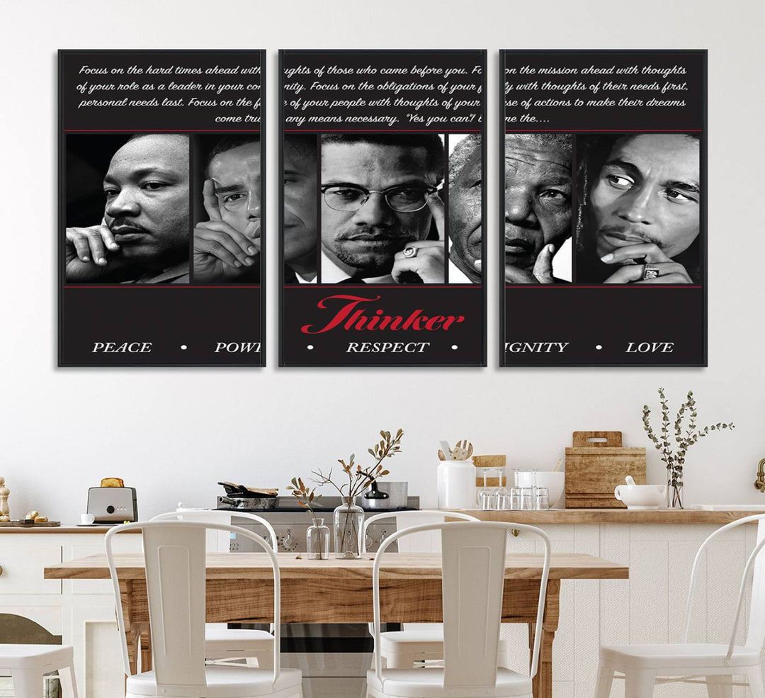 The Thinker Quintet Canvas Wall Art features portraits of Martin, Obama, Malcolm X, Mandela, and Marley, each representing virtues such as Peace and Power.