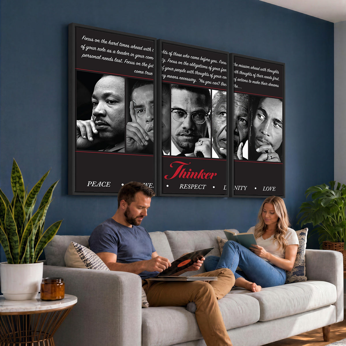 45112-MGV-CV-24X16 - Thinker Quintet Canvas Wall Art | Martin, Obama, Malcolm X, Mandela, Marley, Peace Power Respect Dignity Love
