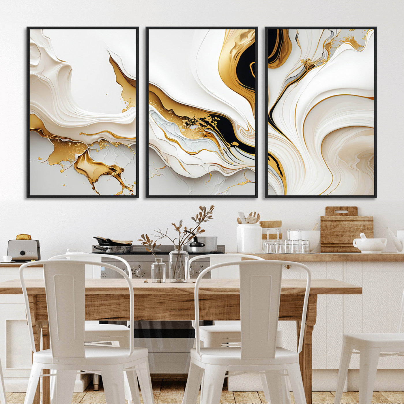 -Gold Waves on Pure White Canvas – Gold Abstract Art for Modern Interiors | Wall Art Canvas, Framed &