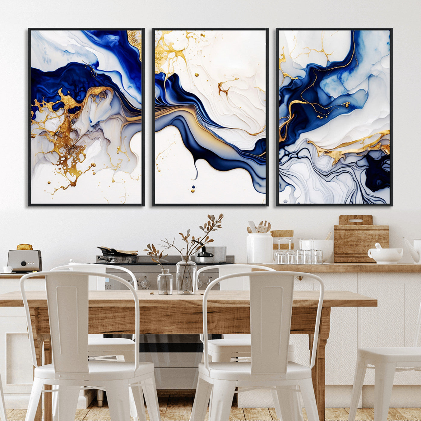 MGV-FC-60X30-3P - Golden Cascades on Midnight Blue – Deep Blue Abstract Wall Art Flowing Elegance | Wall Art Canvas,