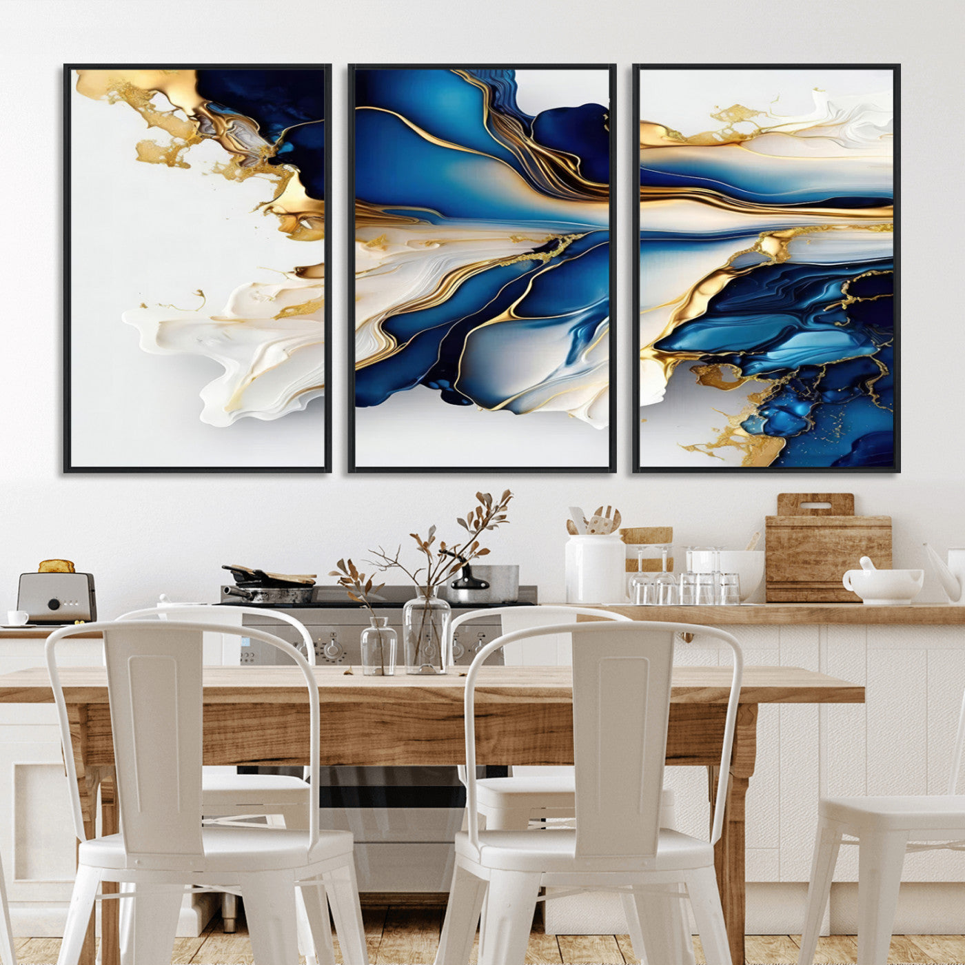 MGV-FC-60X30-3P - Gold Marble Art - Abstract Geode Gold And Blue Marble Shape 3 Pieces Wall Art Canvas Print