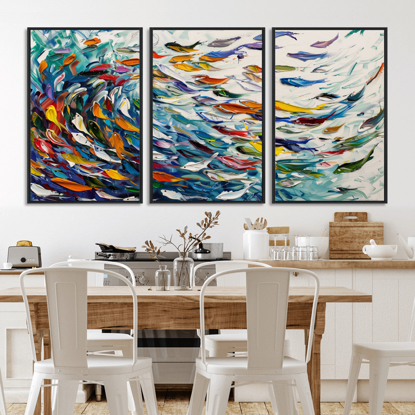 MGV-FC-60X30-3P - Modern Abstract Fish Shoal Wall Art Canvas Print, Colorful Fish Herd Painting on Canvas Print, Ocean
