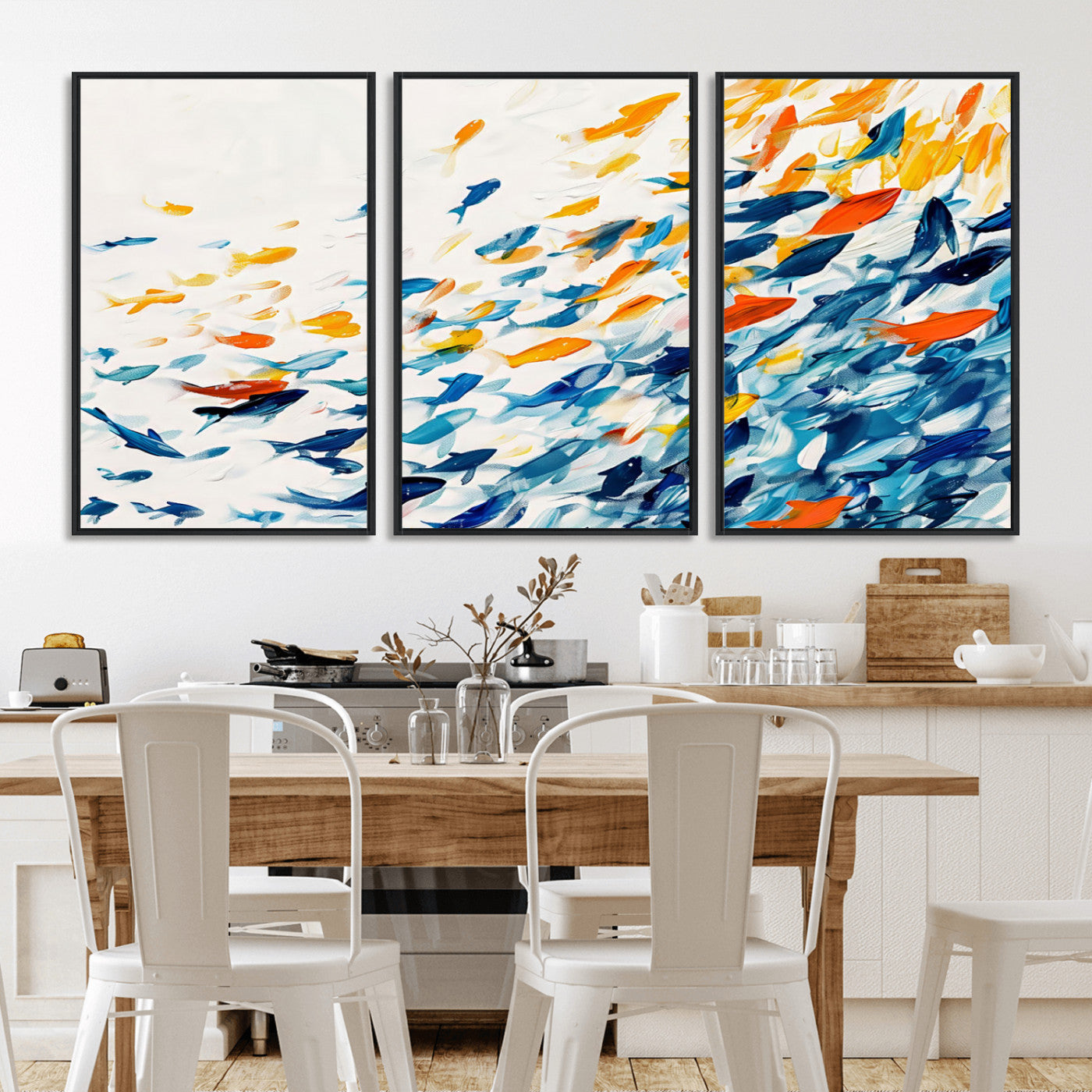 MGV-FC-60X30-3P - Abstract Fish Shoal Wall Art Canvas Print, Colorful Fish Herd Painting on Canvas Print, Ocean Animal