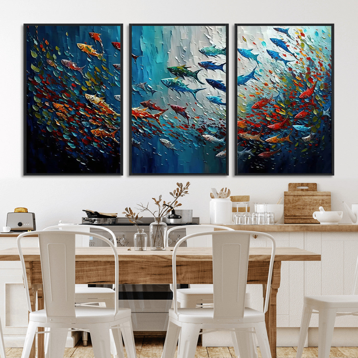 MGV-FC-60X30-3P - Modern Abstract Fish Shoal Wall Art Canvas Print, Colorful Fish Herd Painting on Canvas Print, Ocean