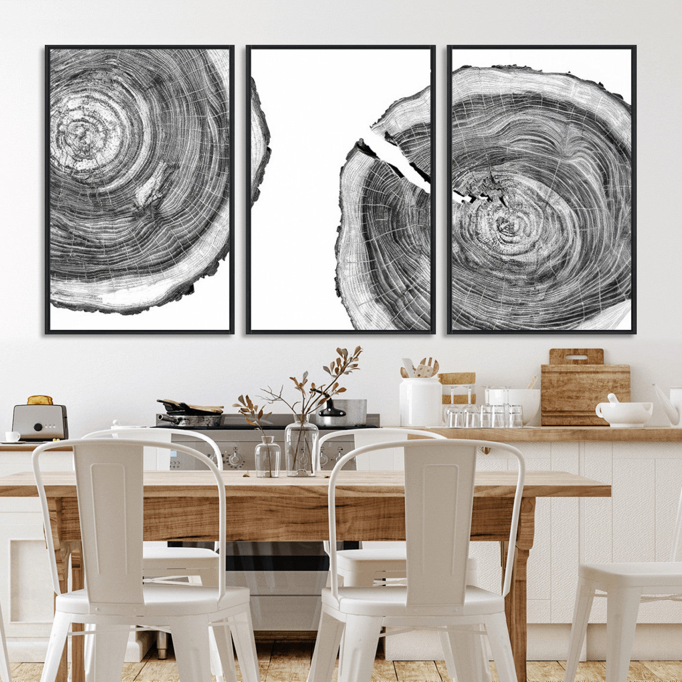 MGV-FC-60X30-3P - Modern Black and White Tree Rings Canvas Wall Art – Nature Inspired Wood Slice Print – Minimalist