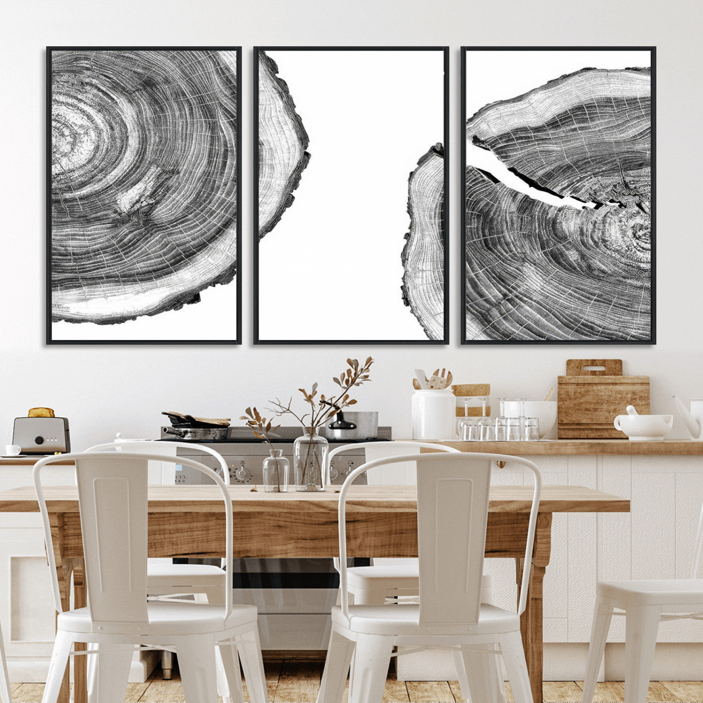 MGV-FC-60X30-3P - Abstract Large Tree Rings – Minimalist Black and White Wood Art | Triptych Canvas, Modern Wall Decor