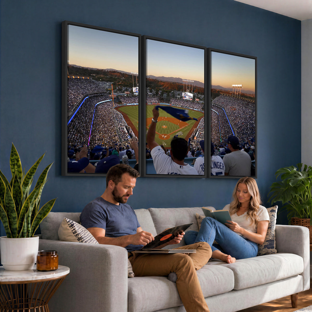 60162-MGV-CV-36X24 - Dodger Stadium Sunset Game Triple Canvas Wall Art, Los Angeles Dodgers MLB Match