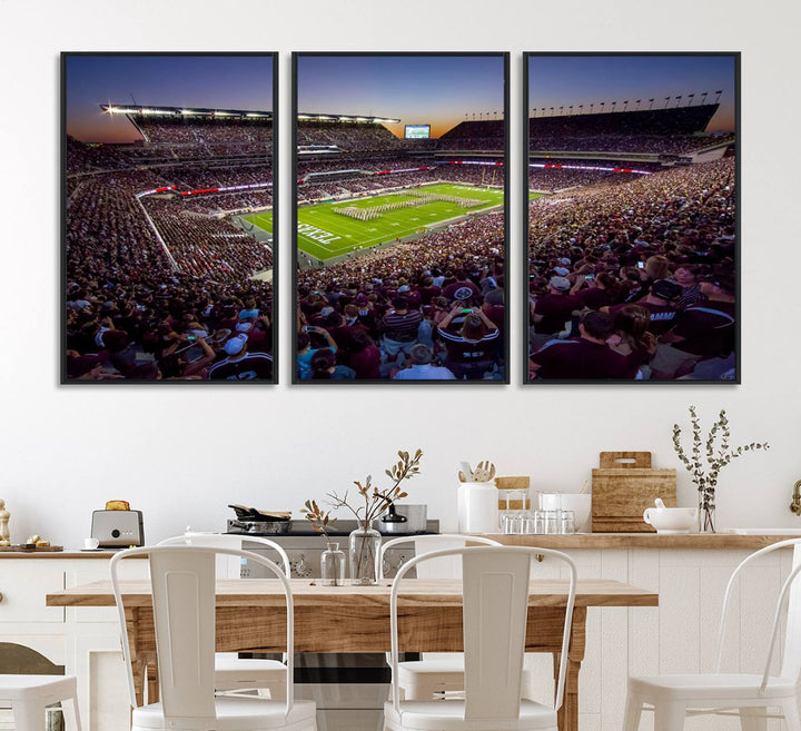 A vibrant canvas print of Texas A&M Aggies at College Stations Kyle Field Stadium captures the energy of fans cheering as the band marches at sunset.