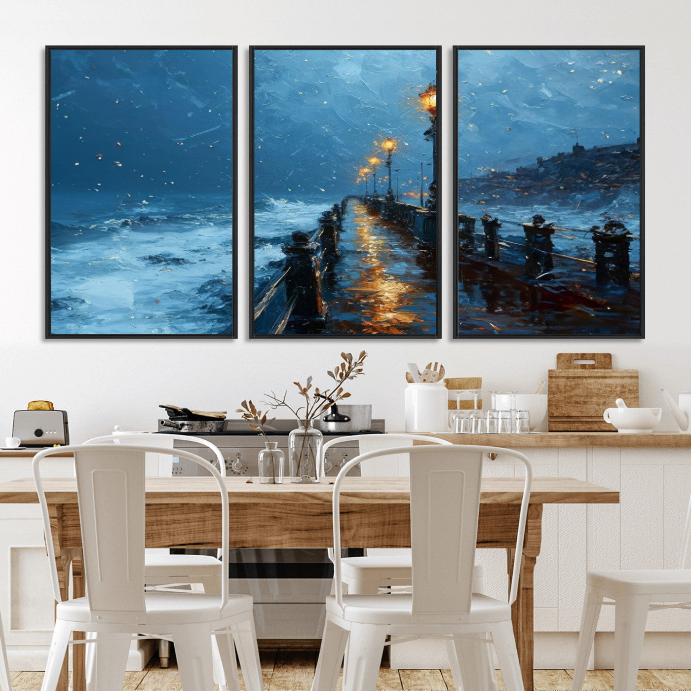MGV-FC-60X30-3P - Stormy Night at Beach Pier Oil Painting Large Wall Art Print, Framed Canvas Nature Wall Decor,