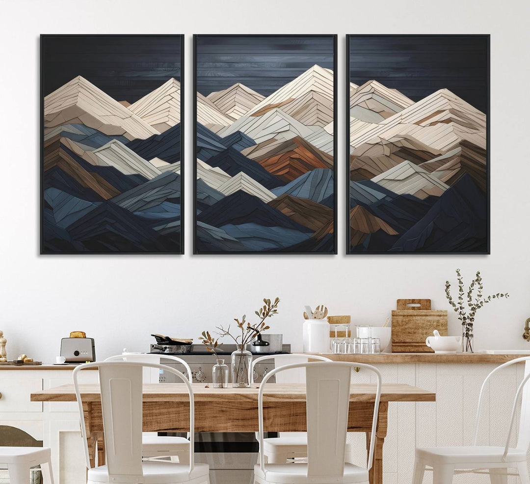 Wood Mountain Range Wall Art - Ready to Hang 3-Piece Set for Modern Rustic Decor, Abstract Wooden Design for Living Rooms Offices