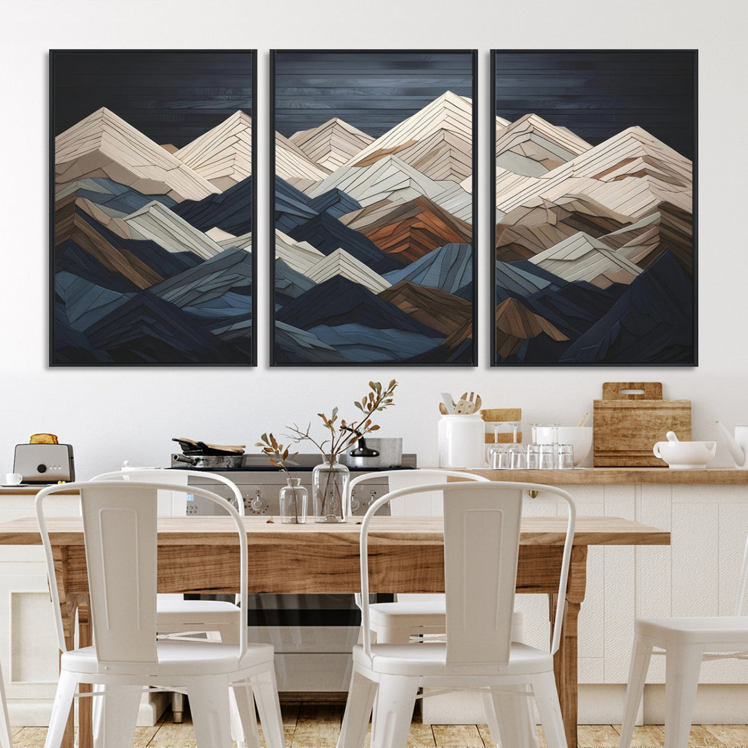 Rustic Mountain Landscape Wall Art Print - Wooden 3D Effect Mountain Canvas Print - Textured Peaks Wall Art for Cabin or Lodge Decor