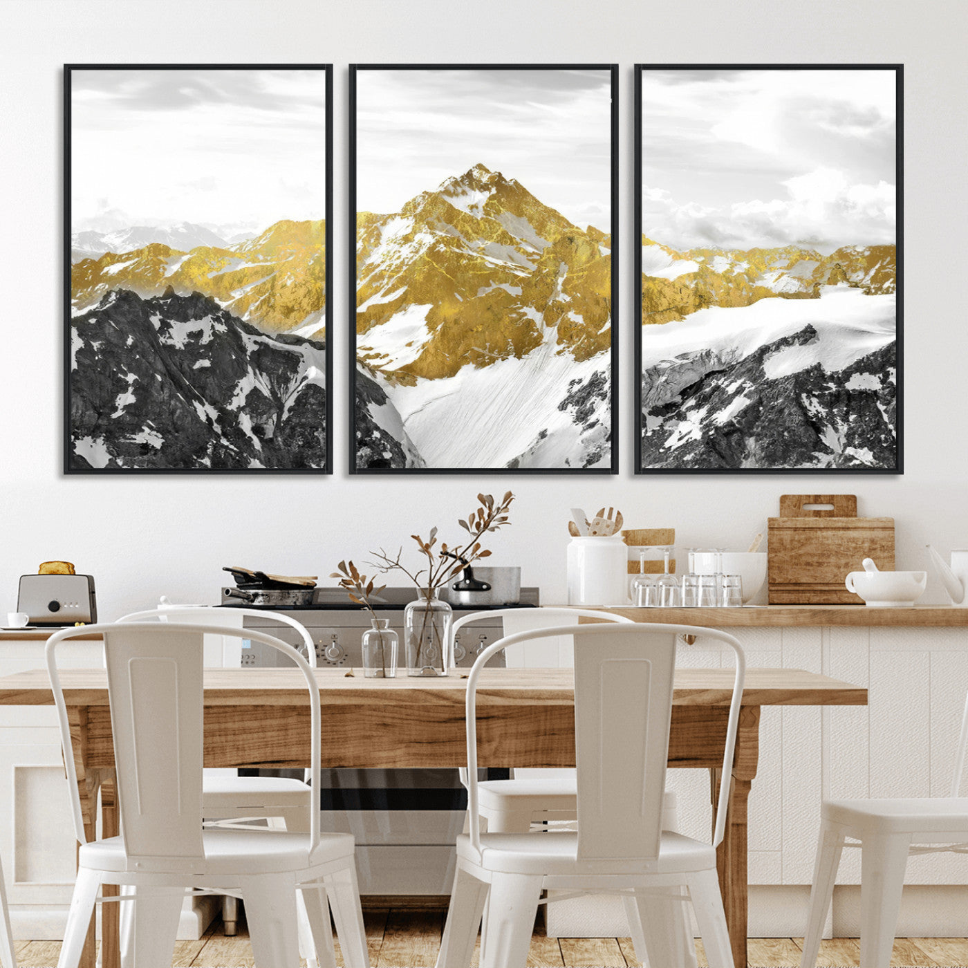 MGV-FC-60X30-3P - Gold Abstract Mountains Wall Art Print on Canvas, Nature Wall Art Print,