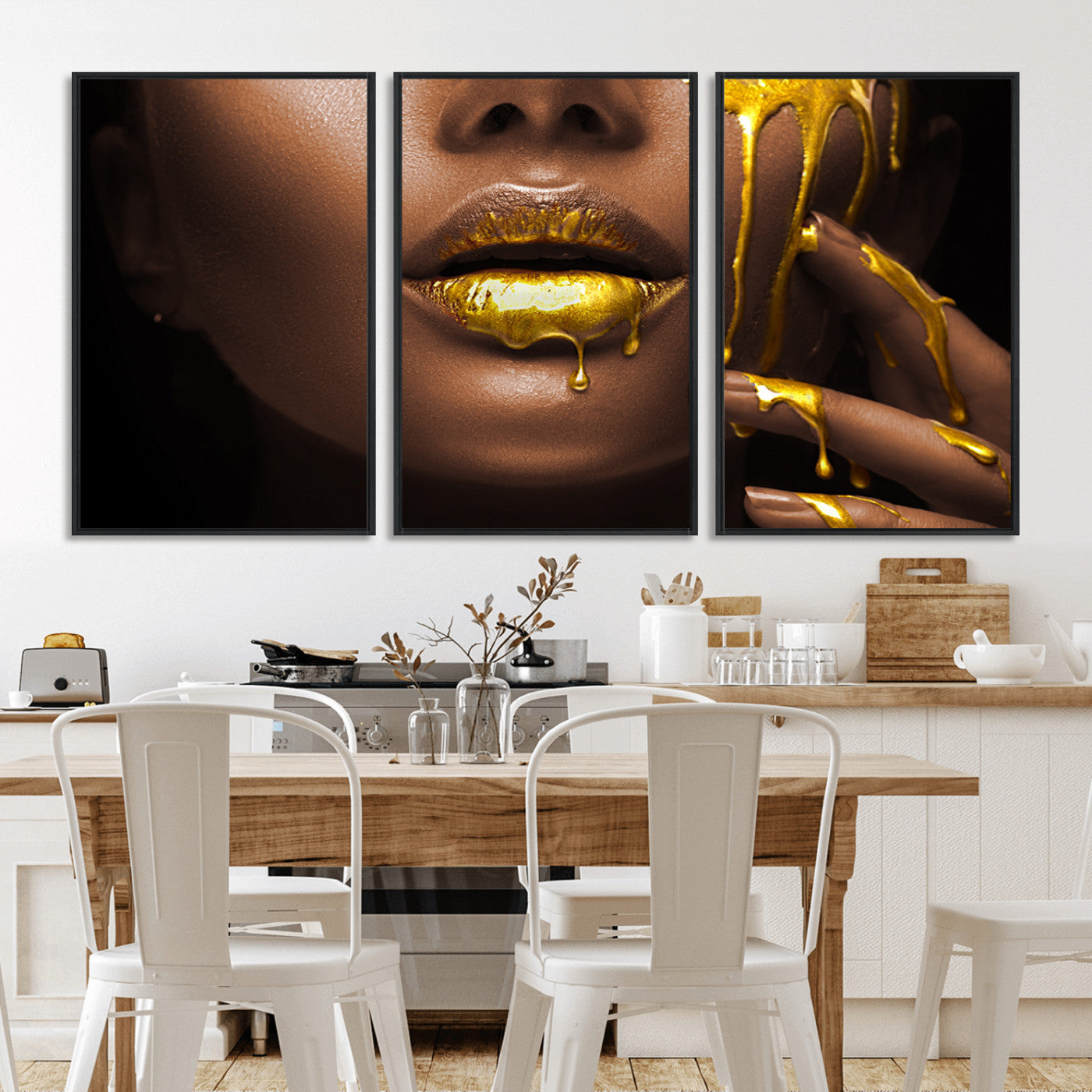 MGV-FC-60X30-3P - African American Art Black Woman Canvas Print, African Wall Art, Fashion African Woman Gold Lips