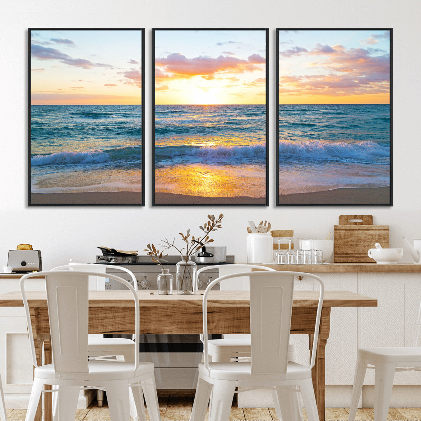 MGV-FC-60X30-3P - Golden Sunset Over Ocean Waves - Serene Coastal Triptych Wall Art for Relaxing Home Decor, Ready to