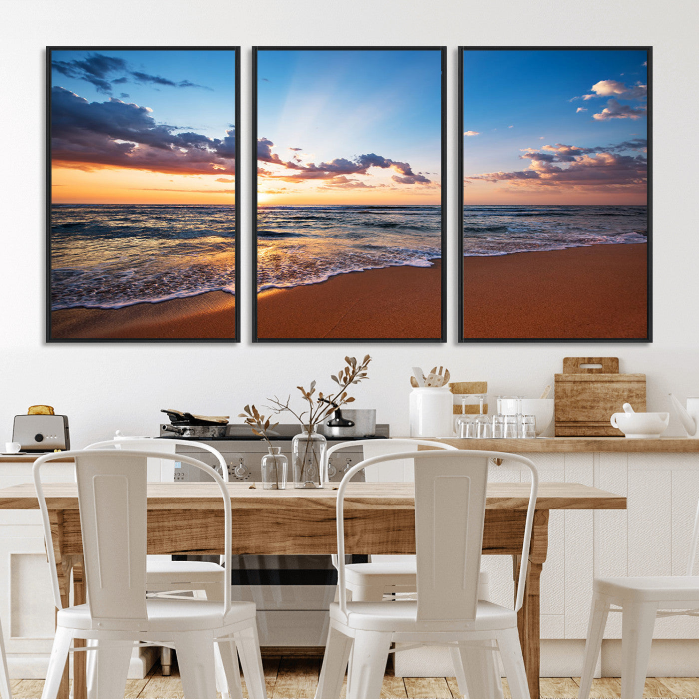 MGV-FC-60X30-3P - Golden Hour Beach Sunset Wall Art | Canvas Print | Ready to Hang | Coastal Wall Art for Living Room