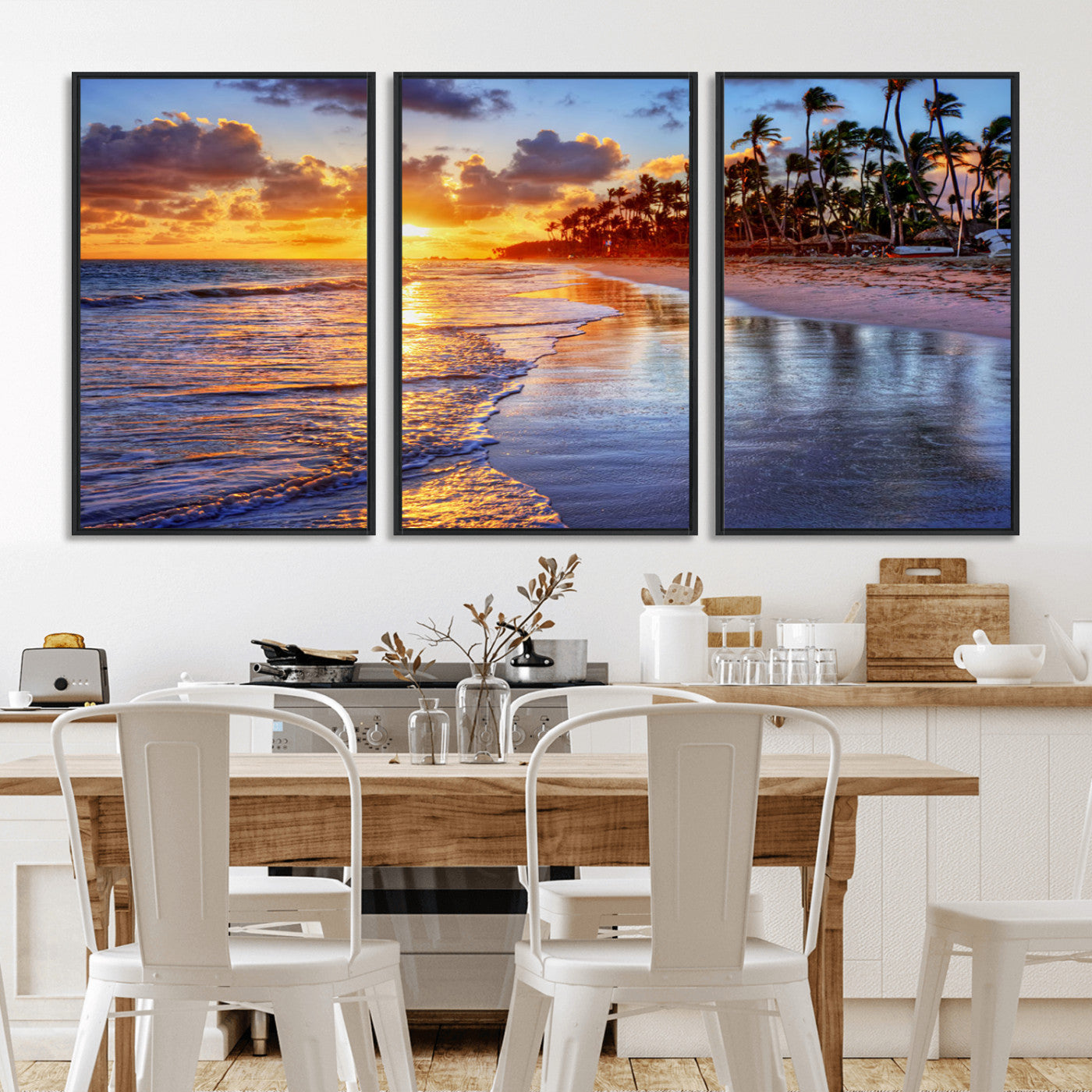 MGV-FC-60X30-3P - Serene Beach Sunset Wall Art Canvas- Coastal Seascape Print for Living Room or Bedroom, Ocean Waves